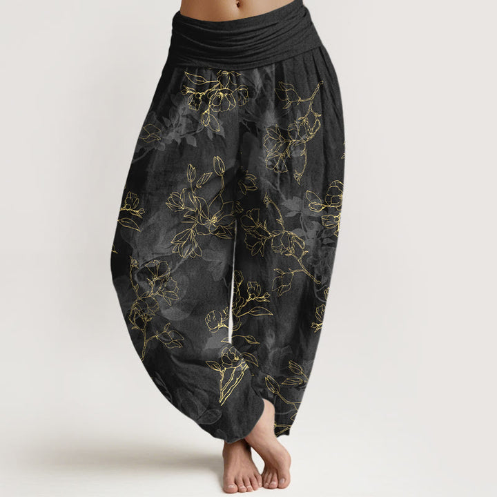 Pantalon harem à taille élastique pour femme, en coton avec motif de boutons de fleurs fraîches et Buddha Stones - Noir - US16，UK/AU20，EU48 (3XL) - image 5