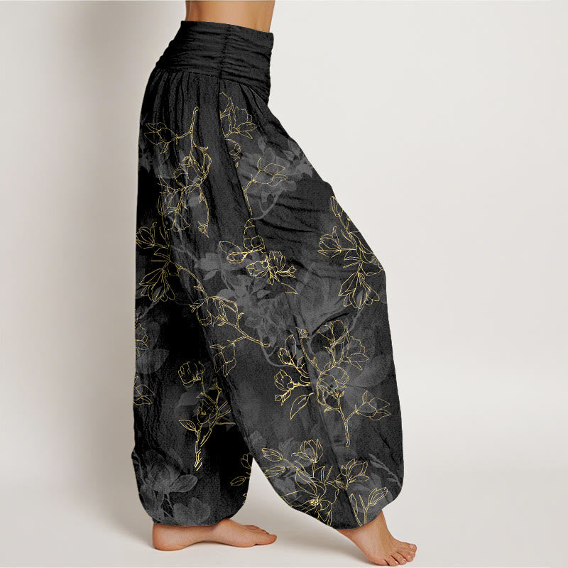 Pantalon harem à taille élastique pour femme, en coton avec motif de boutons de fleurs fraîches et Buddha Stones - image 7