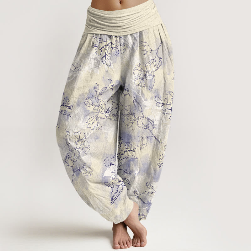 Pantalon harem à taille élastique pour femme, en coton avec motif de boutons de fleurs fraîches et Buddha Stones - Jaune doré clair - US16，UK/AU20，EU48 (3XL) - image 8