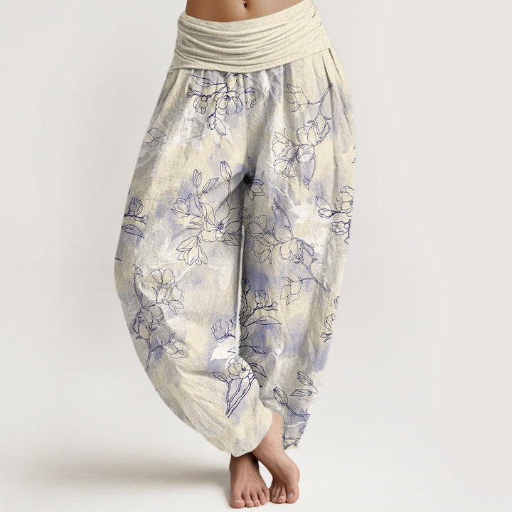 Pantalon harem à taille élastique pour femme, en coton avec motif de boutons de fleurs fraîches et Buddha Stones - Jaune doré clair - US16，UK/AU20，EU48 (3XL) - image 8