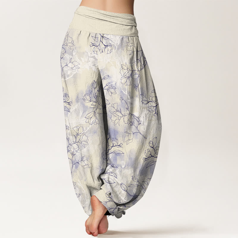 Pantalon harem à taille élastique pour femme, en coton avec motif de boutons de fleurs fraîches et Buddha Stones - image 9
