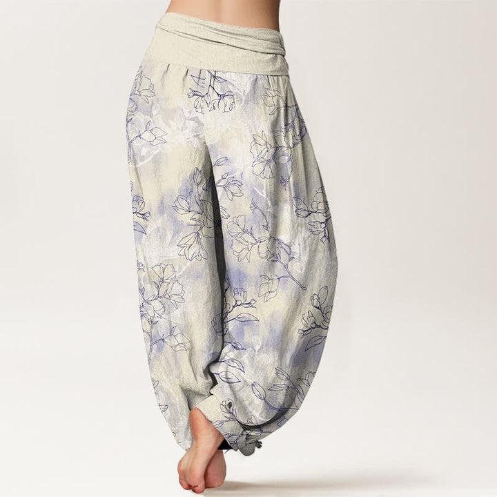 Pantalon harem à taille élastique pour femme, en coton avec motif de boutons de fleurs fraîches et Buddha Stones - image 9