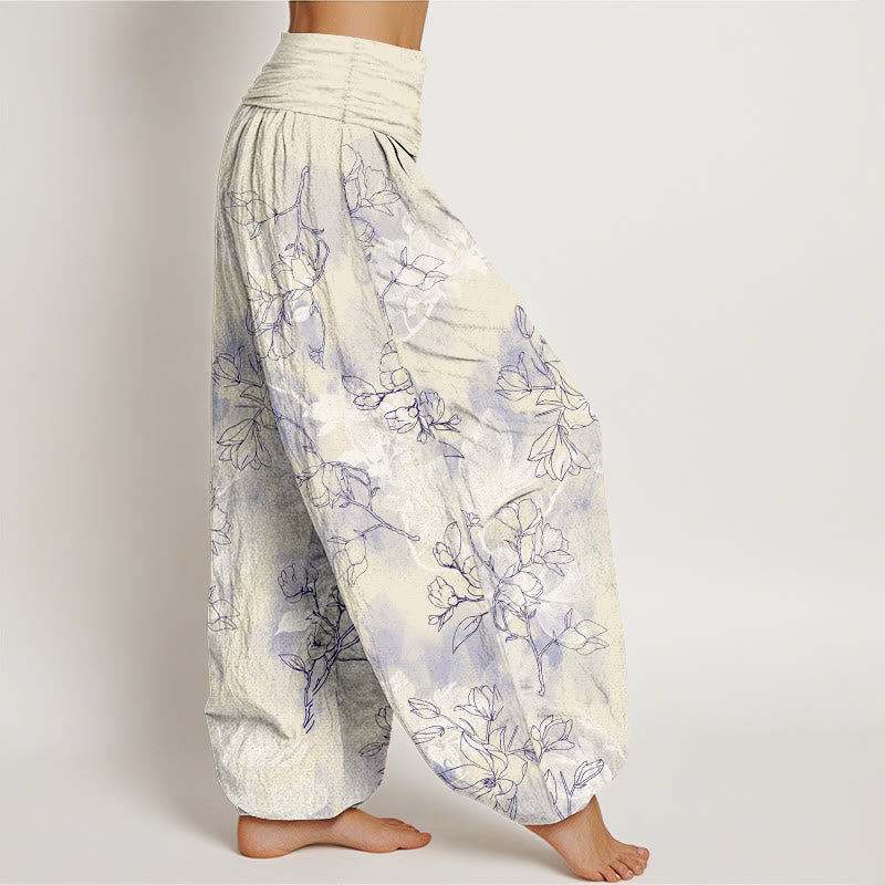 Pantalon harem à taille élastique pour femme, en coton avec motif de boutons de fleurs fraîches et Buddha Stones - image 10