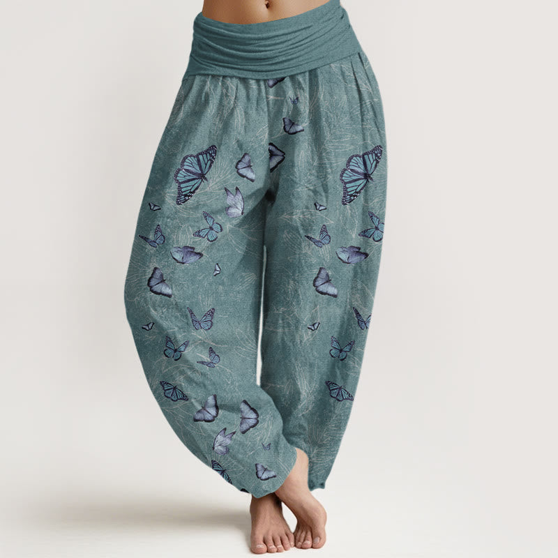 Pantalon harem à taille élastique pour femme, en coton, motif papillon et feuilles oniriques, avec Buddha Stones - Sarcelle - US16，UK/AU20，EU48 (3XL) - image 5