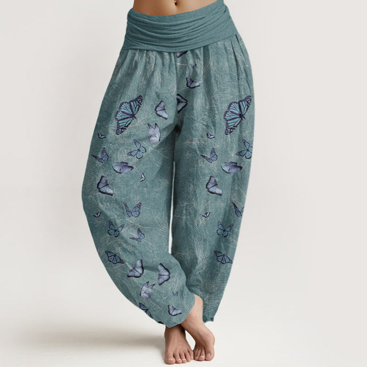 Pantalon harem à taille élastique pour femme, en coton, motif papillon et feuilles oniriques, avec Buddha Stones - Sarcelle - US16，UK/AU20，EU48 (3XL) - image 5