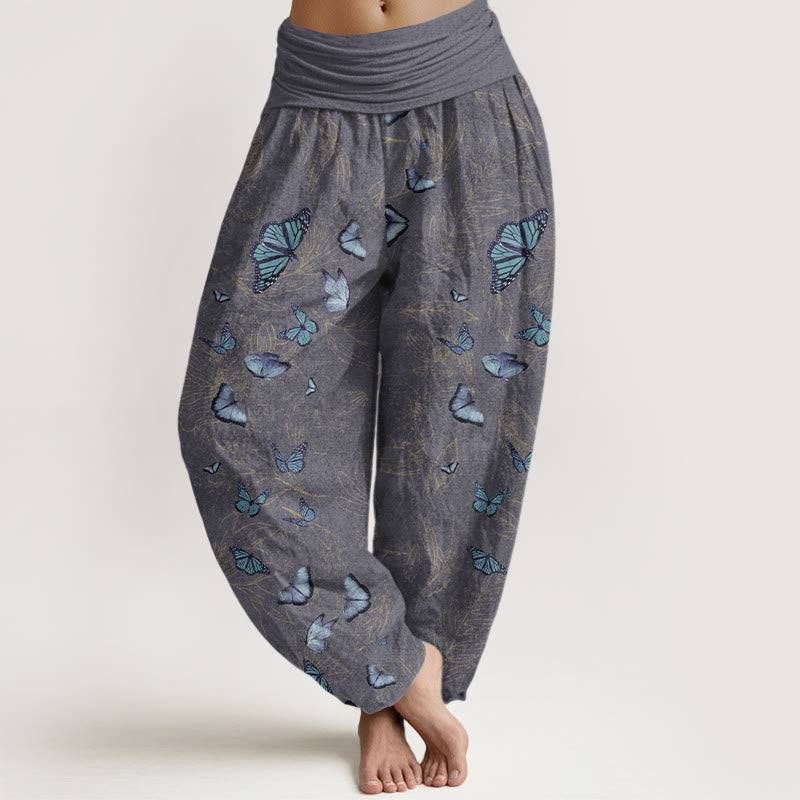 Pantalon harem à taille élastique pour femme, en coton, motif papillon et feuilles oniriques, avec Buddha Stones - Gris - US16，UK/AU20，EU48 (3XL) - image 8