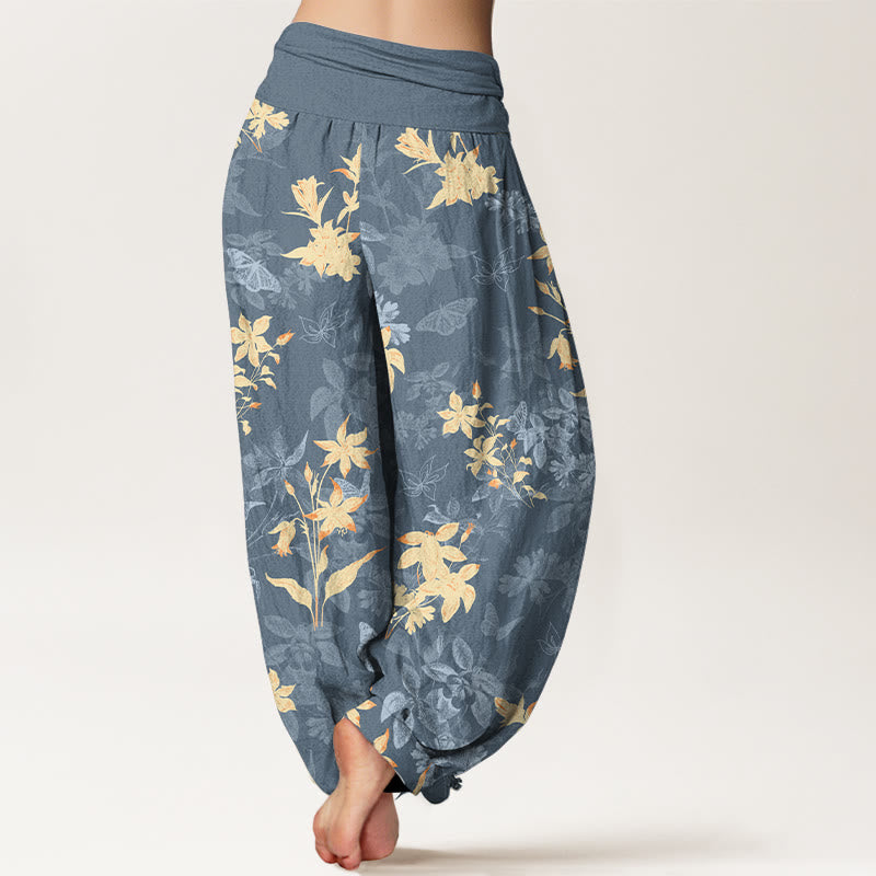 Pantalon harem à taille élastique pour femme, en coton frais et raffiné, orné de Buddha Stones et de motifs floraux et de feuilles. - image 1