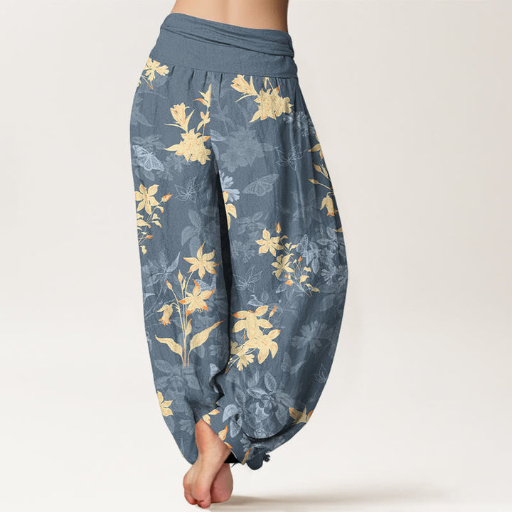 Pantalon harem à taille élastique pour femme, en coton frais et raffiné, orné de Buddha Stones et de motifs floraux et de feuilles. - image 1
