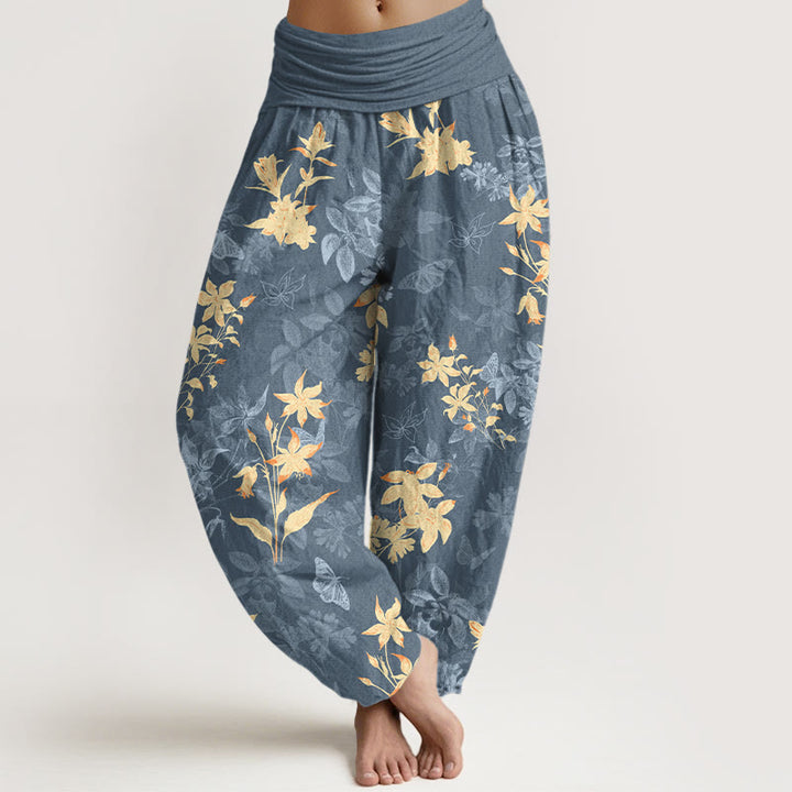 Pantalon harem à taille élastique pour femme, en coton frais et raffiné, orné de Buddha Stones et de motifs floraux et de feuilles. - Gris ardoise clair - US16，UK/AU20，EU48 (3XL) - image 0