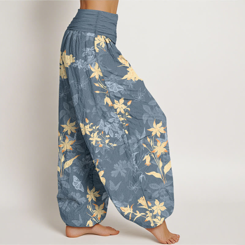 Pantalon harem à taille élastique pour femme, en coton frais et raffiné, orné de Buddha Stones et de motifs floraux et de feuilles. - image 2