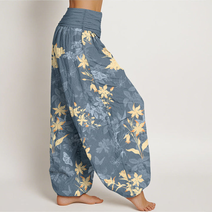 Pantalon harem à taille élastique pour femme, en coton frais et raffiné, orné de Buddha Stones et de motifs floraux et de feuilles. - image 2