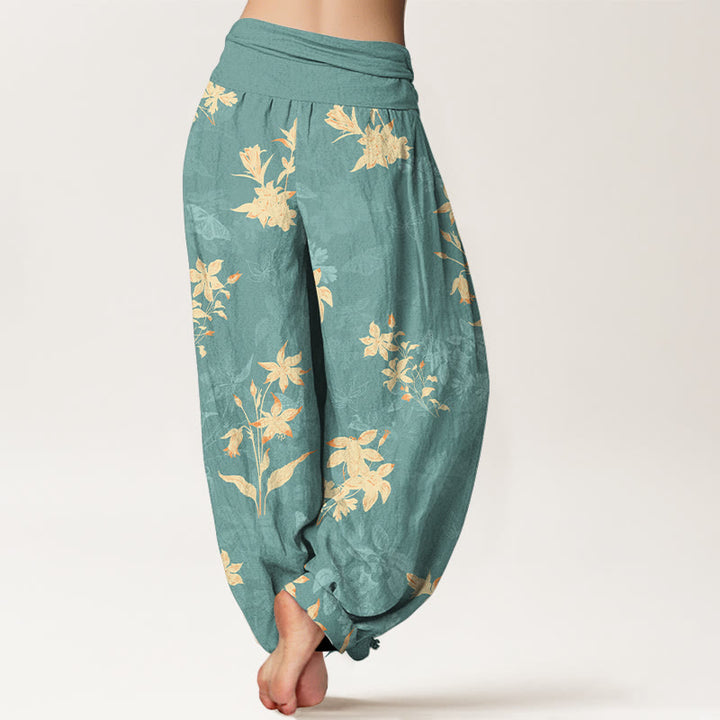 Pantalon harem à taille élastique pour femme, en coton frais et raffiné, orné de Buddha Stones et de motifs floraux et de feuilles. - image 6