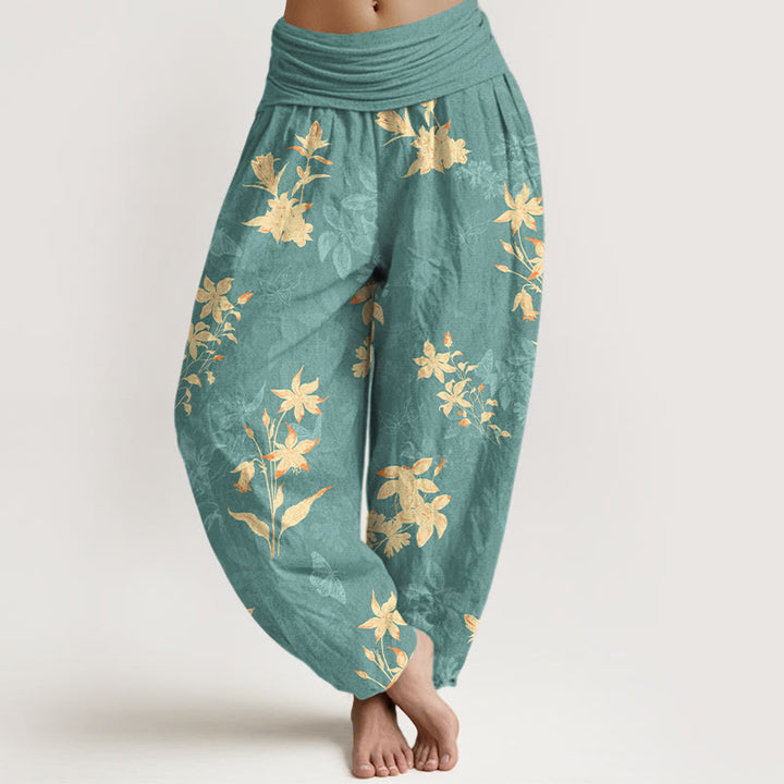 Pantalon harem à taille élastique pour femme, en coton frais et raffiné, orné de Buddha Stones et de motifs floraux et de feuilles. - Vert clair - US16，UK/AU20，EU48 (3XL) - image 5