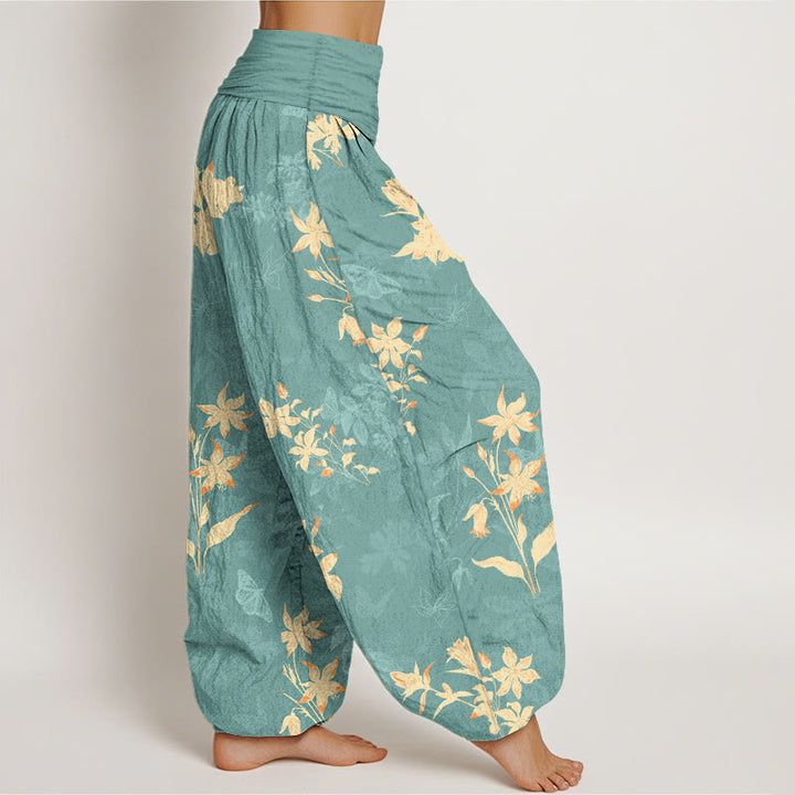 Pantalon harem à taille élastique pour femme, en coton frais et raffiné, orné de Buddha Stones et de motifs floraux et de feuilles. - image 7