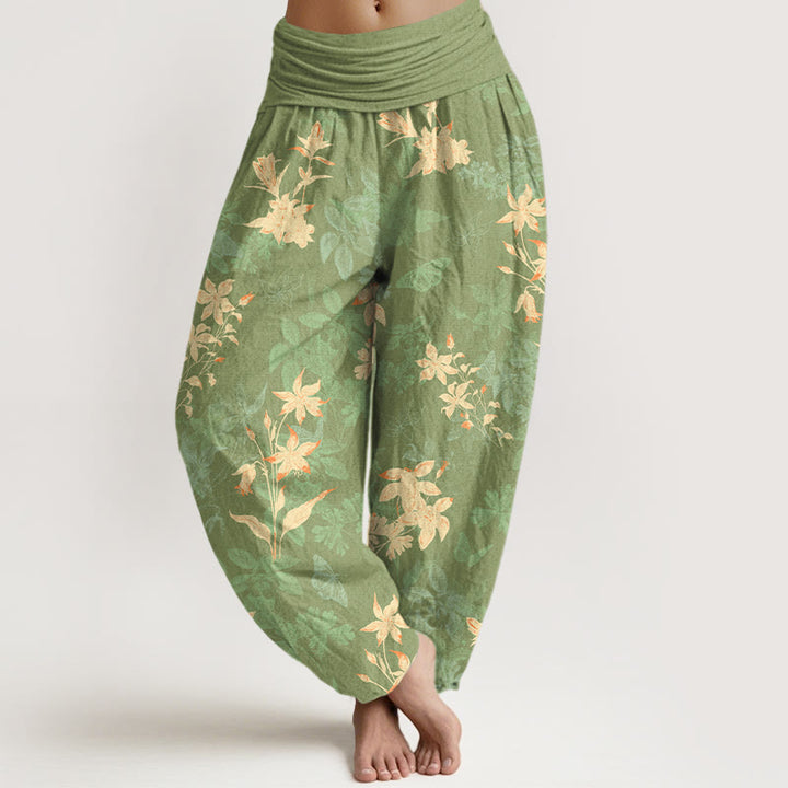 Pantalon harem à taille élastique pour femme, en coton frais et raffiné, orné de Buddha Stones et de motifs floraux et de feuilles. - JauneVert - US16，UK/AU20，EU48 (3XL) - image 8