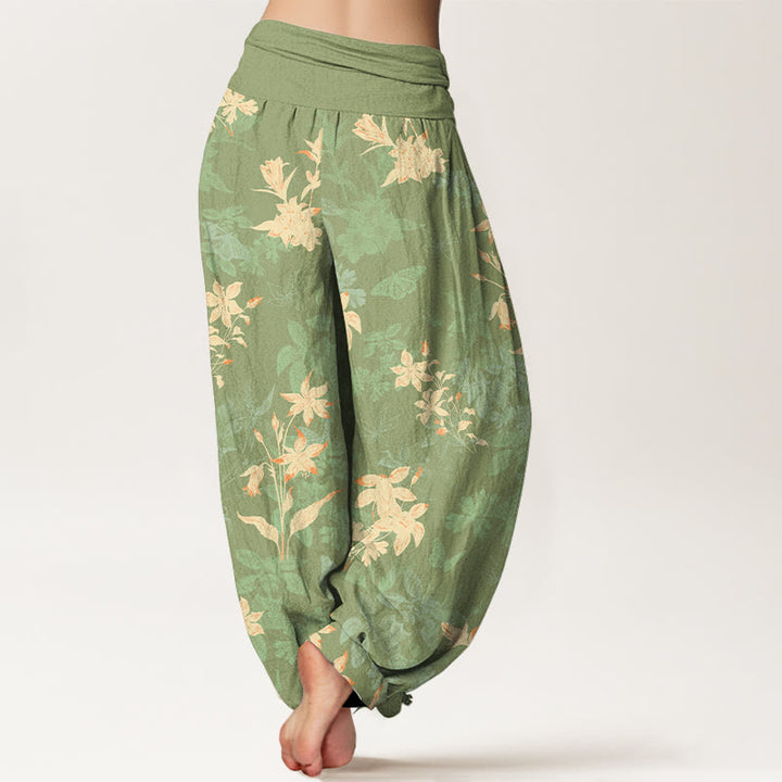 Pantalon harem à taille élastique pour femme, en coton frais et raffiné, orné de Buddha Stones et de motifs floraux et de feuilles. - image 9
