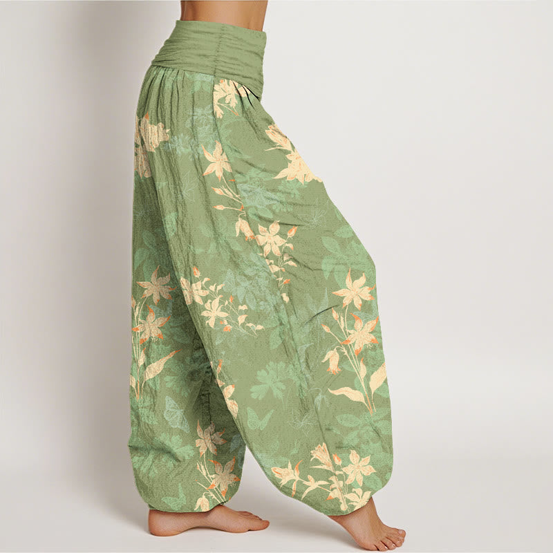 Pantalon harem à taille élastique pour femme, en coton frais et raffiné, orné de Buddha Stones et de motifs floraux et de feuilles. - image 10