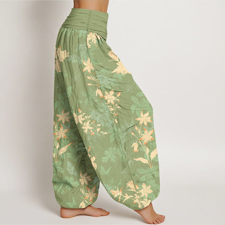 Pantalon harem à taille élastique pour femme, en coton frais et raffiné, orné de Buddha Stones et de motifs floraux et de feuilles. - image 10