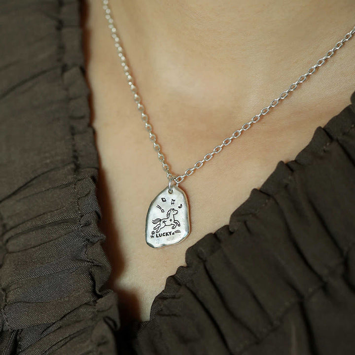 Buddha Stones, argent sterling 999, breloque cheval porte-bonheur, année du Cheval, chaîne en argent sterling 925, pendentifs de collier de bénédiction - Chaîne en argent sterling 925 (Longueur : 40 + 5 cm) - image 1