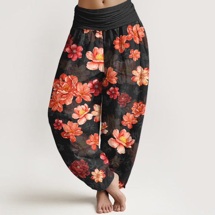 Pantalon harem à taille élastique pour femme, en coton à motif floral aux couleurs intenses, avec Buddha Stones - Noir - US16，UK/AU20，EU48 (3XL) - image 0