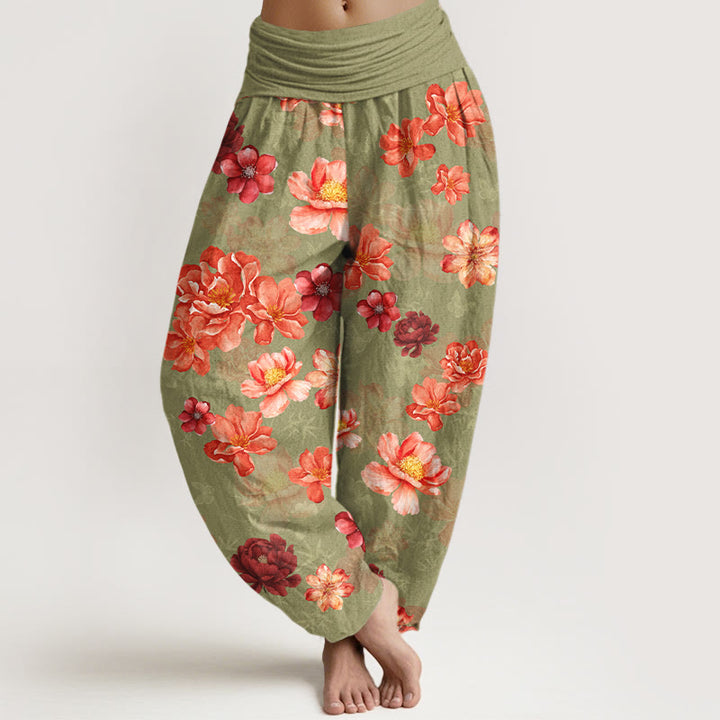 Pantalon harem à taille élastique pour femme, en coton à motif floral aux couleurs intenses, avec Buddha Stones - JauneVert - US16，UK/AU20，EU48 (3XL) - image 5
