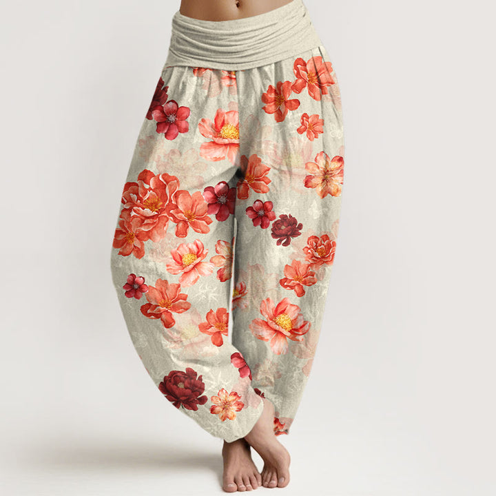 Pantalon harem à taille élastique pour femme, en coton à motif floral aux couleurs intenses, avec Buddha Stones - Beige - US16，UK/AU20，EU48 (3XL) - image 8