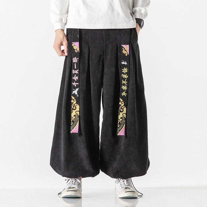 Pantalon en velours côtelé pour homme avec poches, laçage et broderie de caractères chinois, motif Buddha Stones, automne-hiver - Noir - US/UK/AU46，EU56 (5XL) - image 0