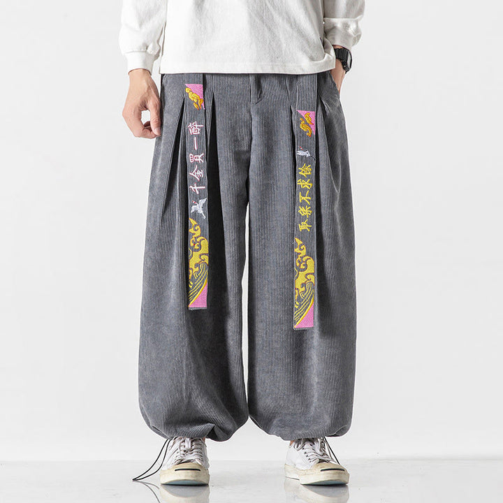 Pantalon en velours côtelé pour homme avec poches, laçage et broderie de caractères chinois, motif Buddha Stones, automne-hiver - Gris clair - US/UK/AU46，EU56 (5XL) - image 5