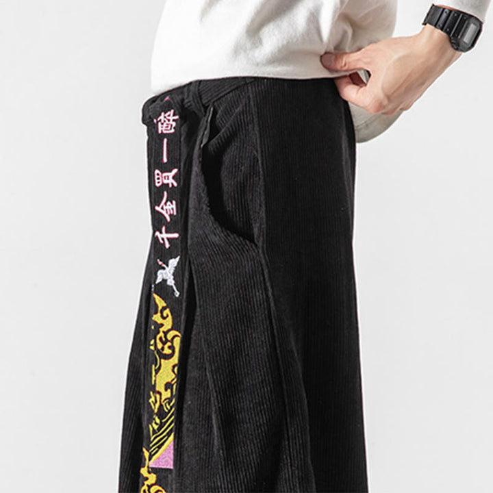 Pantalon en velours côtelé pour homme avec poches, laçage et broderie de caractères chinois, motif Buddha Stones, automne-hiver - image 2