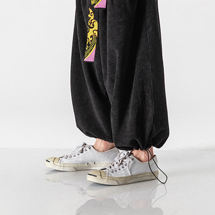 Pantalon en velours côtelé pour homme avec poches, laçage et broderie de caractères chinois, motif Buddha Stones, automne-hiver - image 3