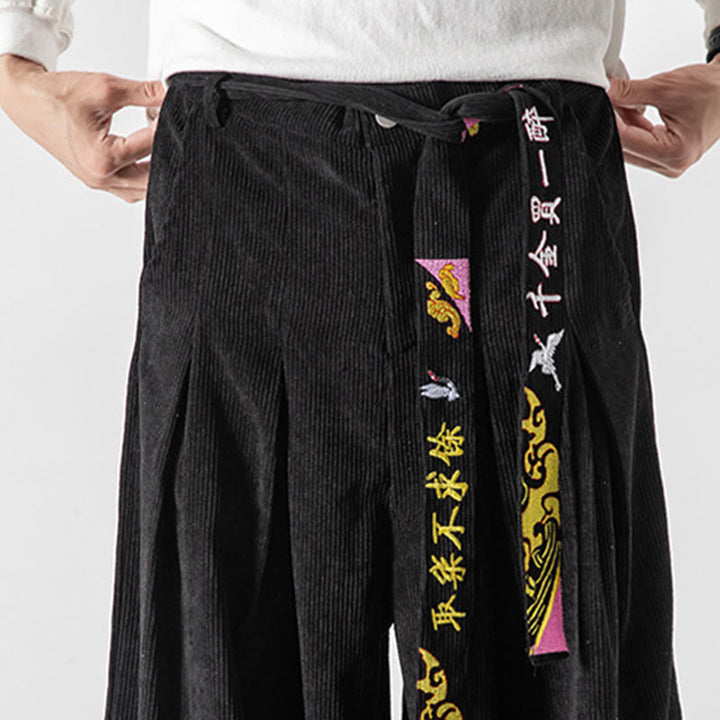 Pantalon en velours côtelé pour homme avec poches, laçage et broderie de caractères chinois, motif Buddha Stones, automne-hiver - image 1