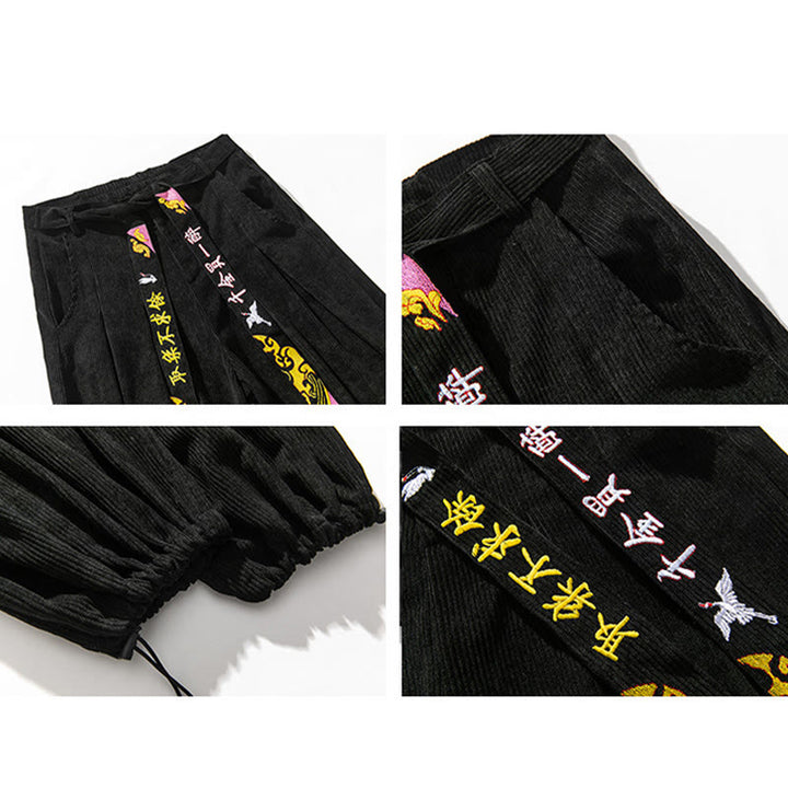 Pantalon en velours côtelé pour homme avec poches, laçage et broderie de caractères chinois, motif Buddha Stones, automne-hiver - image 4