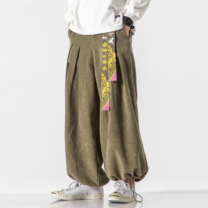 Pantalon en velours côtelé pour homme avec poches, laçage et broderie de caractères chinois, motif Buddha Stones, automne-hiver - image 9