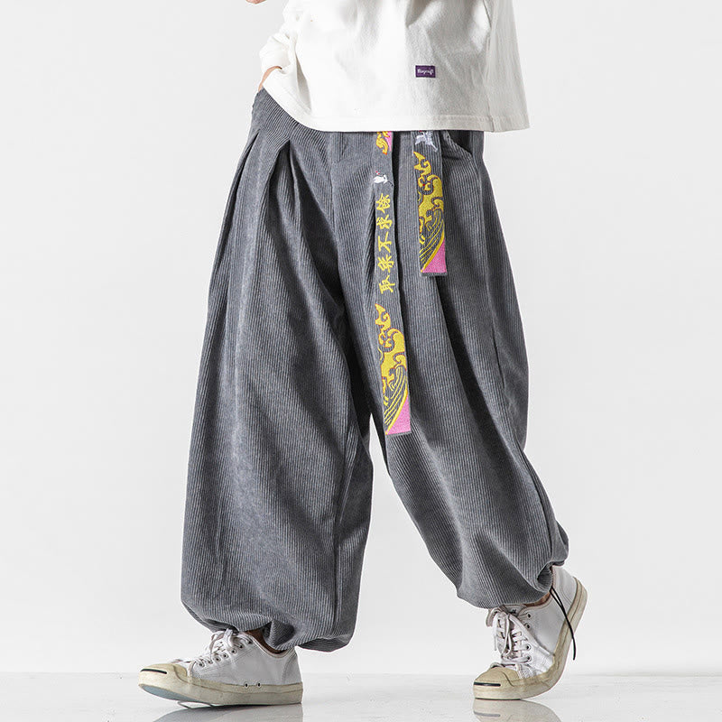 Pantalon en velours côtelé pour homme avec poches, laçage et broderie de caractères chinois, motif Buddha Stones, automne-hiver - image 6