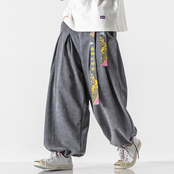Pantalon en velours côtelé pour homme avec poches, laçage et broderie de caractères chinois, motif Buddha Stones, automne-hiver - image 6