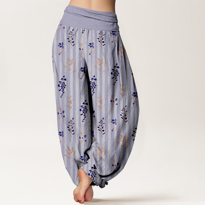 Pantalon harem à taille élastique pour femme, en coton doux à rayures de feuilles et Buddha Stones - image 1