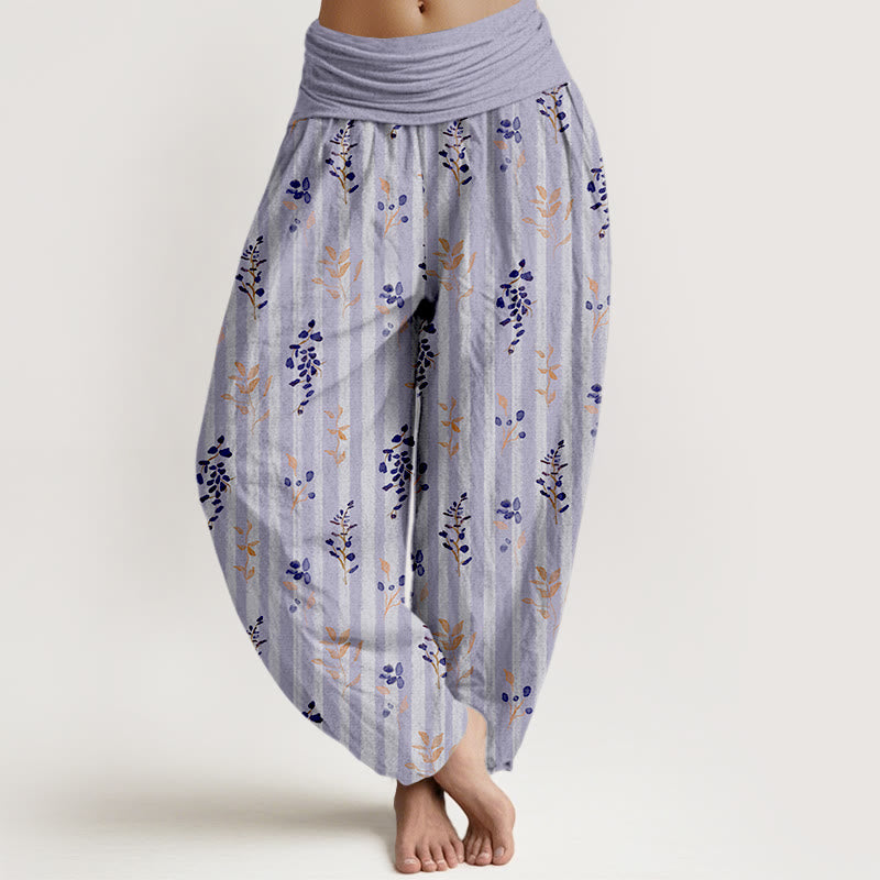 Pantalon harem à taille élastique pour femme, en coton doux à rayures de feuilles et Buddha Stones - Lavande - US16，UK/AU20，EU48 (3XL) - image 0