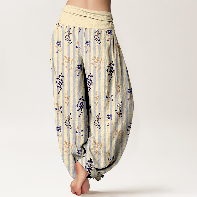 Pantalon harem à taille élastique pour femme, en coton doux à rayures de feuilles et Buddha Stones - image 9