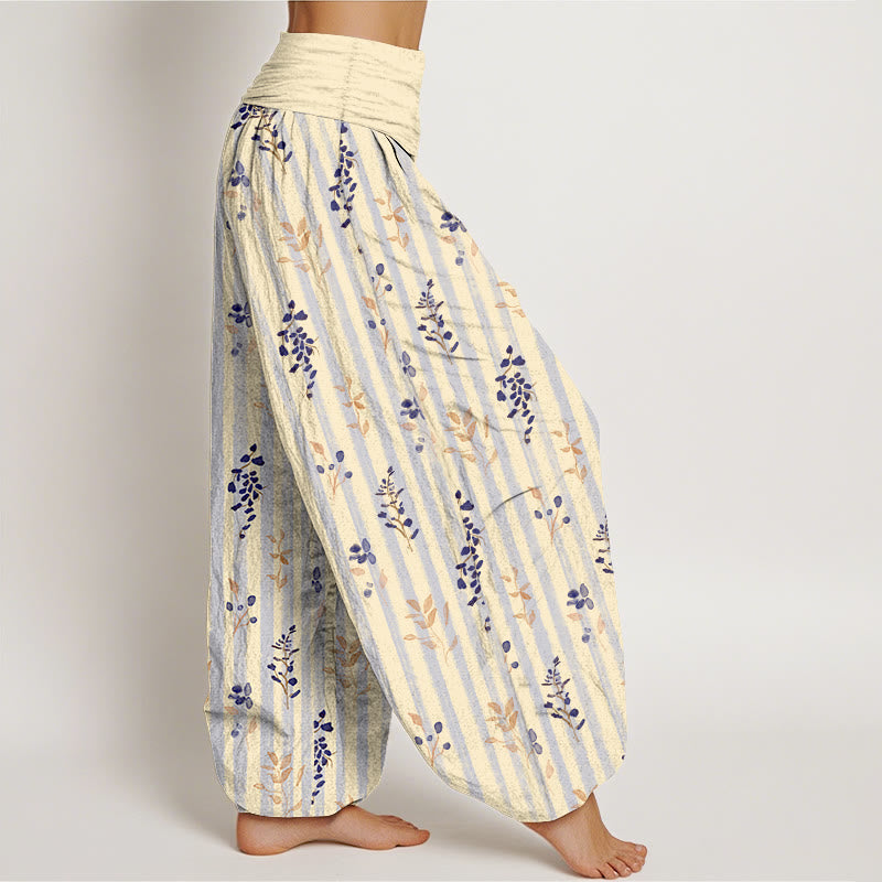 Pantalon harem à taille élastique pour femme, en coton doux à rayures de feuilles et Buddha Stones - image 10