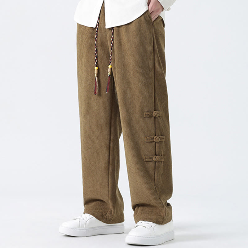 Pantalon droit en velours côtelé pour homme, à cordon de serrage et poches, orné de boutons grenouille et de Buddha Stones - image 6