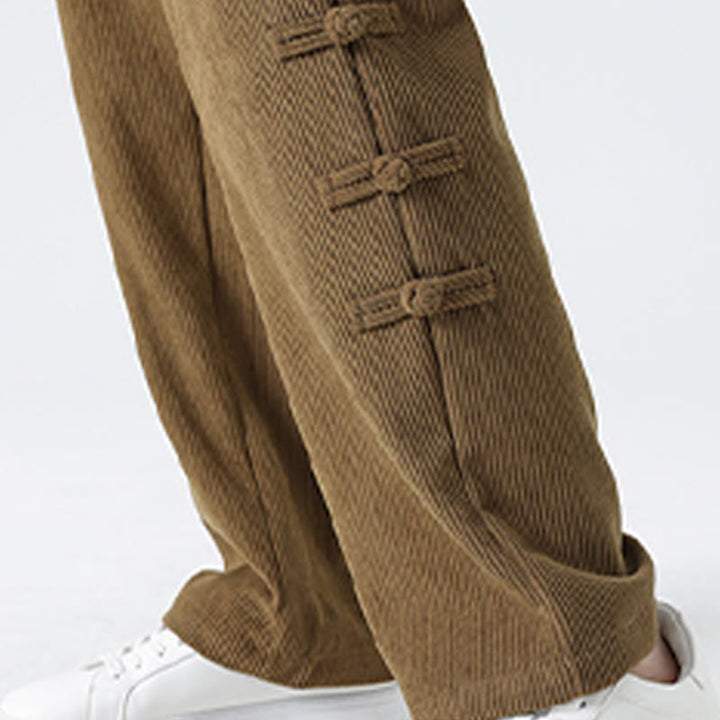 Pantalon droit en velours côtelé pour homme, à cordon de serrage et poches, orné de boutons grenouille et de Buddha Stones - image 10