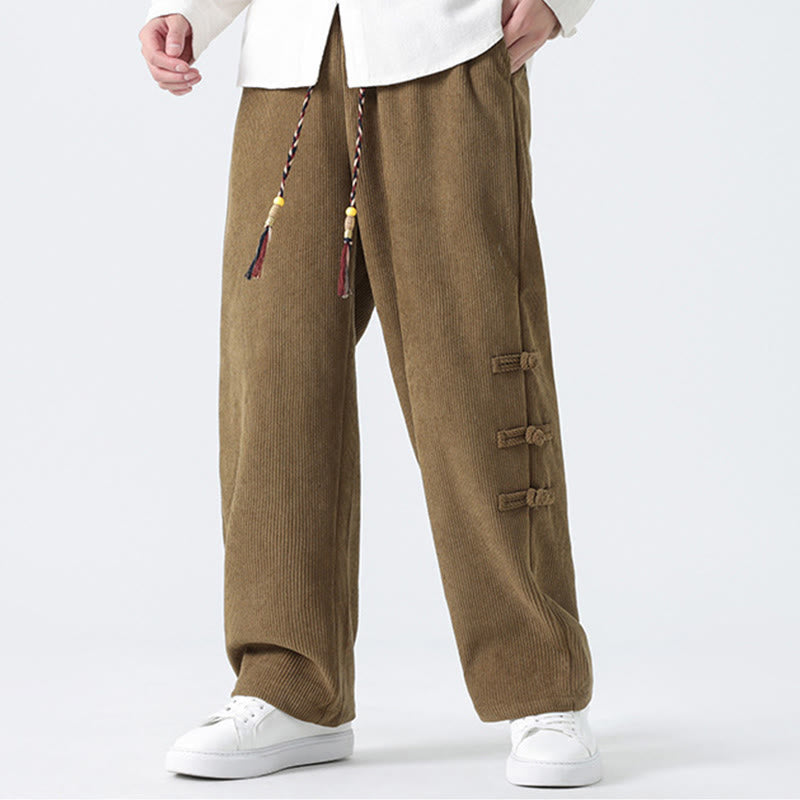 Pantalon droit en velours côtelé pour homme, à cordon de serrage et poches, orné de boutons grenouille et de Buddha Stones - image 5