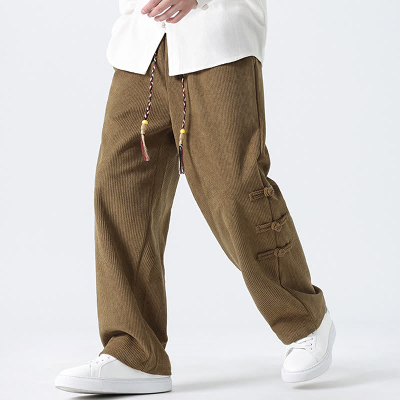 Pantalon droit en velours côtelé pour homme, à cordon de serrage et poches, orné de boutons grenouille et de Buddha Stones - image 3
