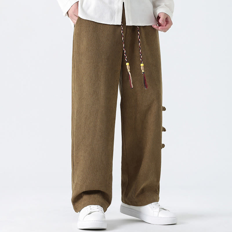 Pantalon droit en velours côtelé pour homme, à cordon de serrage et poches, orné de boutons grenouille et de Buddha Stones - image 1