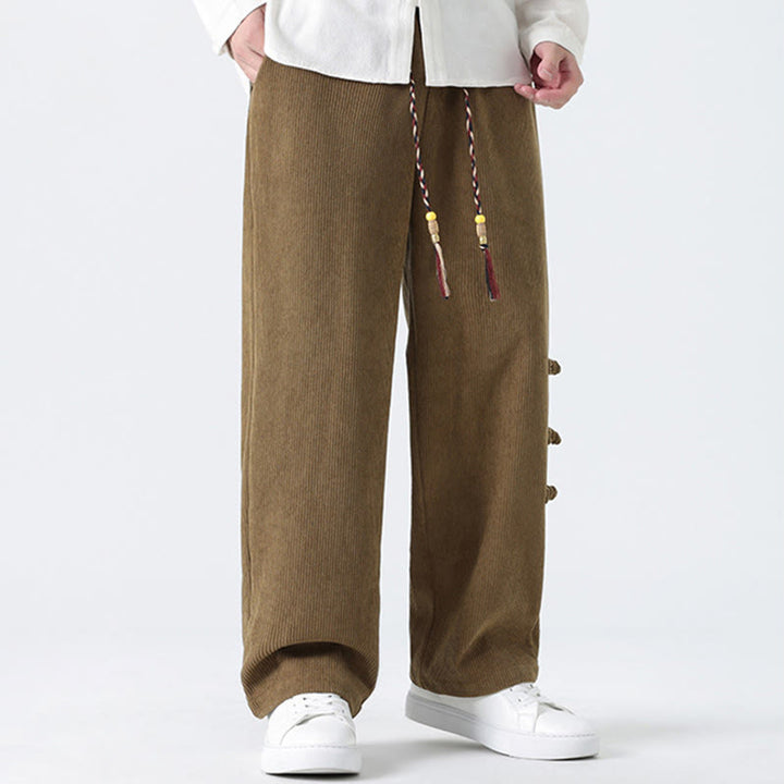 Pantalon droit en velours côtelé pour homme, à cordon de serrage et poches, orné de boutons grenouille et de Buddha Stones - image 1