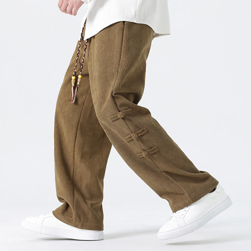 Pantalon droit en velours côtelé pour homme, à cordon de serrage et poches, orné de boutons grenouille et de Buddha Stones - image 4