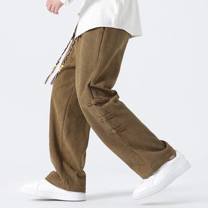 Pantalon droit en velours côtelé pour homme, à cordon de serrage et poches, orné de boutons grenouille et de Buddha Stones - image 7