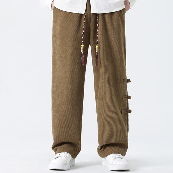Pantalon droit en velours côtelé pour homme, à cordon de serrage et poches, orné de boutons grenouille et de Buddha Stones - Tanné - US/UK/AU46，EU56 (5XL) - image 0