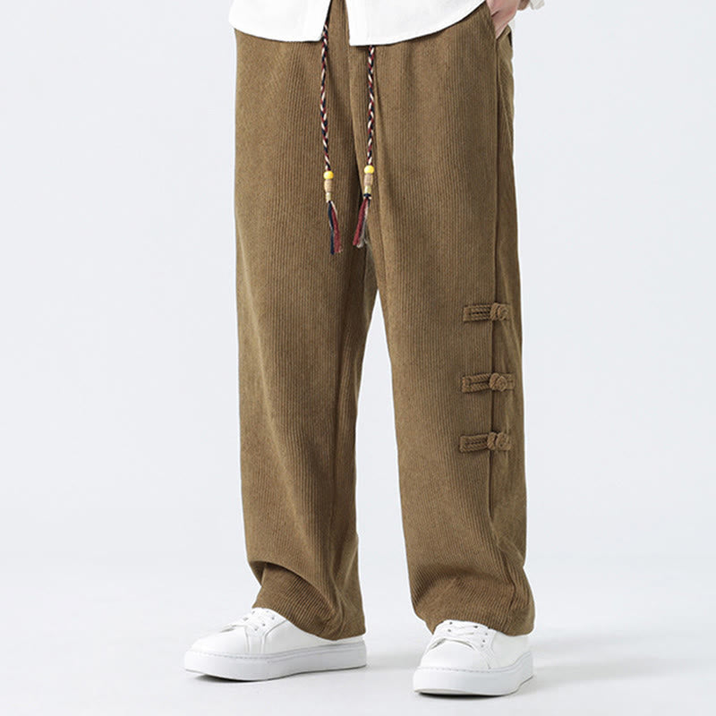 Pantalon droit en velours côtelé pour homme, à cordon de serrage et poches, orné de boutons grenouille et de Buddha Stones - image 2
