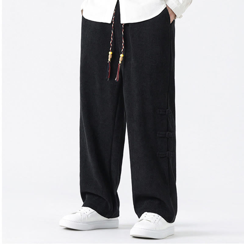 Pantalon droit en velours côtelé pour homme, à cordon de serrage et poches, orné de boutons grenouille et de Buddha Stones - image 13